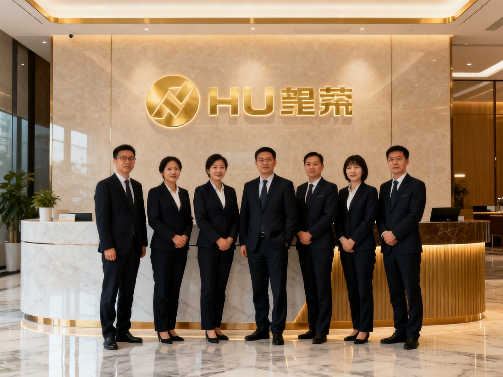 太阳贵宾会集团总部接待大厅，大理石地面映照着金色企业标识墙，核心管理团队身着统一深色西装在前台区域合影