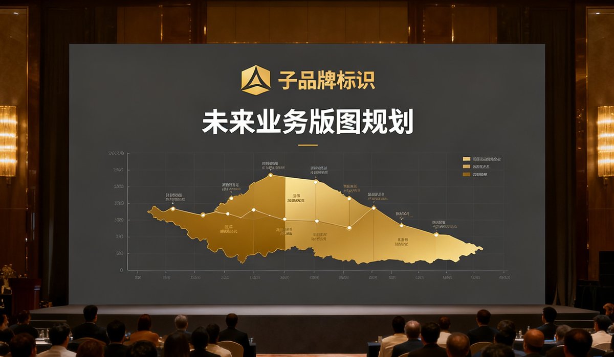 新太阳集团贵宾会品牌发布会现场，背景板上展示子品牌标识和未来业务版图规划