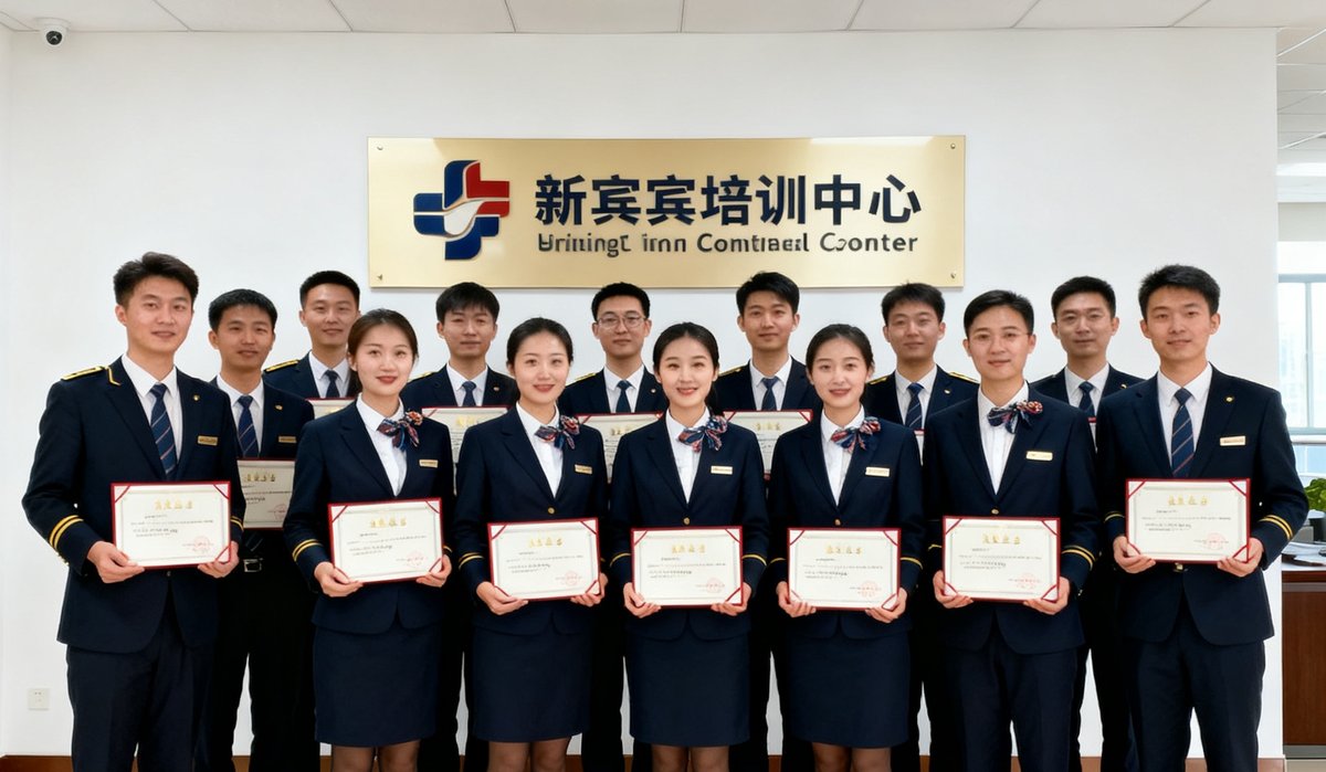 新一批礼宾专员在培训中心完成120小时课程后手持结业证书合影留念