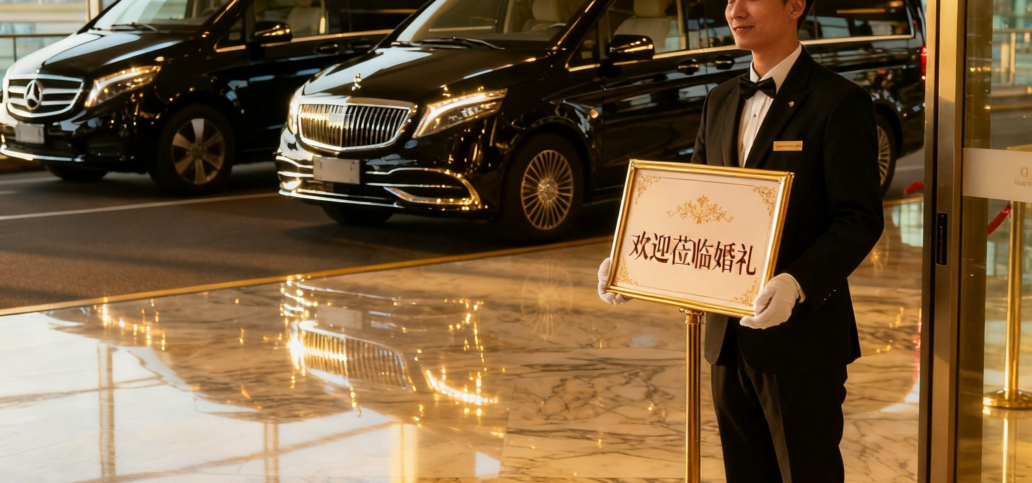 机场贵宾通道出口处，礼宾专员手举定制欢迎牌迎接婚礼来宾，身后豪华商务车队整齐排列等候