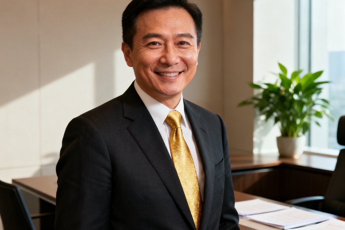 太阳贵宾会集团创始人兼礼宾总监陈启明先生，身着深色西装搭配金色领带，在总部办公室内微笑面对镜头