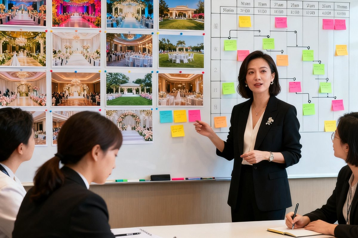 婚礼礼宾策划总监苏婉清在会议室与团队成员讨论方案，白板上贴满场地照片和流程时间表